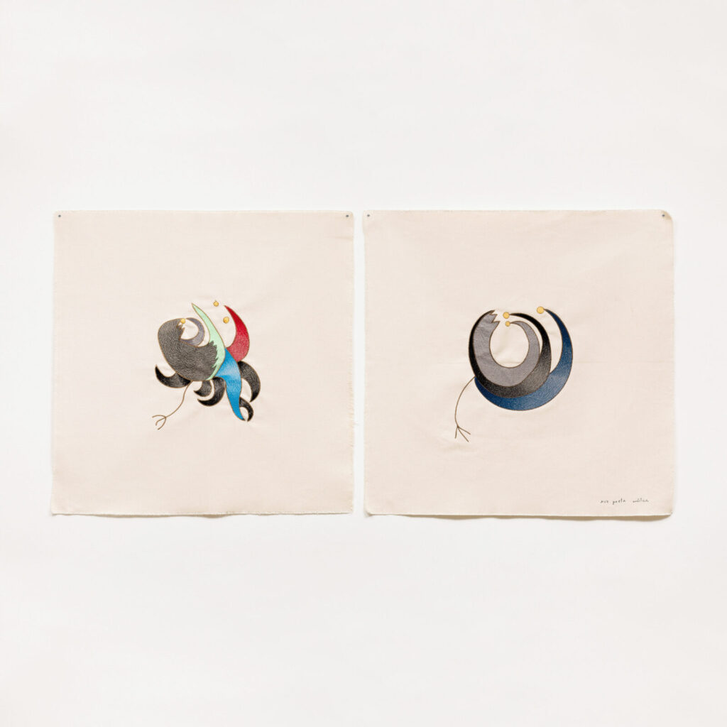 Tadáskía, Ave Preta Mística, 2022. Bordado sobre tecido 100% algodão, 60 x 60 cm (cada). Edição 15 + 4PA © Bruno Leão